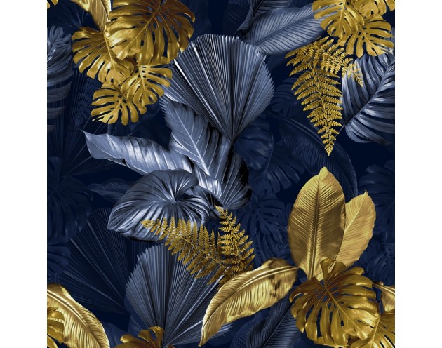Tkanina VELVET z modnym wzorem w Złote Liście Monstera Paproci (150 cm)