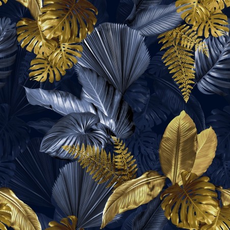 Tkanina VELVET z modnym wzorem w Złote Liście Monstera Paproci (150 cm)